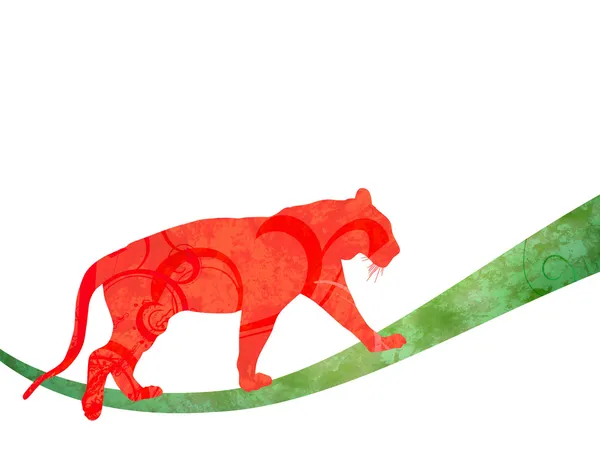 Kırmızı sulu boya orman kedi (Panter veya kaplan) siluet illustra — Stok fotoğraf