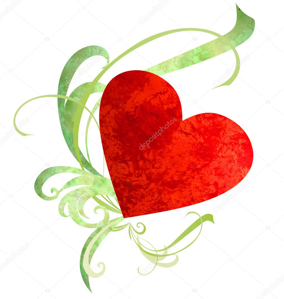 Watercolor red heart with green florishes isolated on white