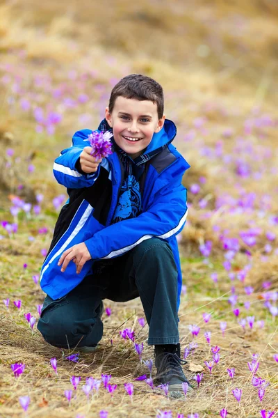 Boy offering a bunch of flowers — Stock Photo, Image