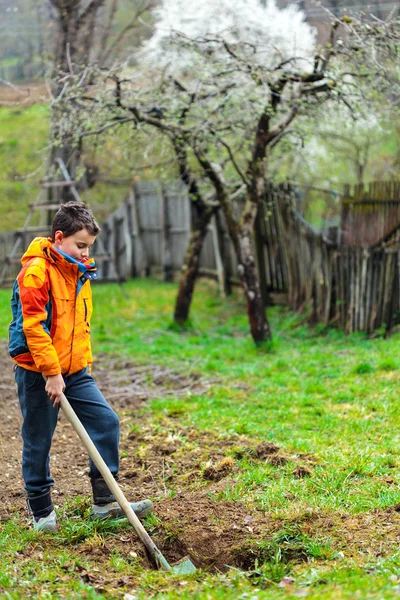 Boy digging in the ground — Stock Photo, Image