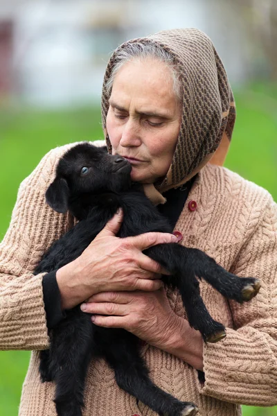 Mujer sosteniendo una cabra bebé — Foto de Stock