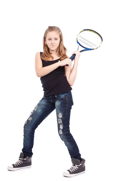 Ragazza con racchetta giocare a tennis — Foto Stock