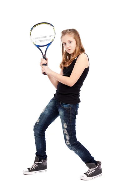 Chica con raqueta jugando tenis —  Fotos de Stock
