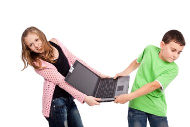 Children fighting over a laptop clipart