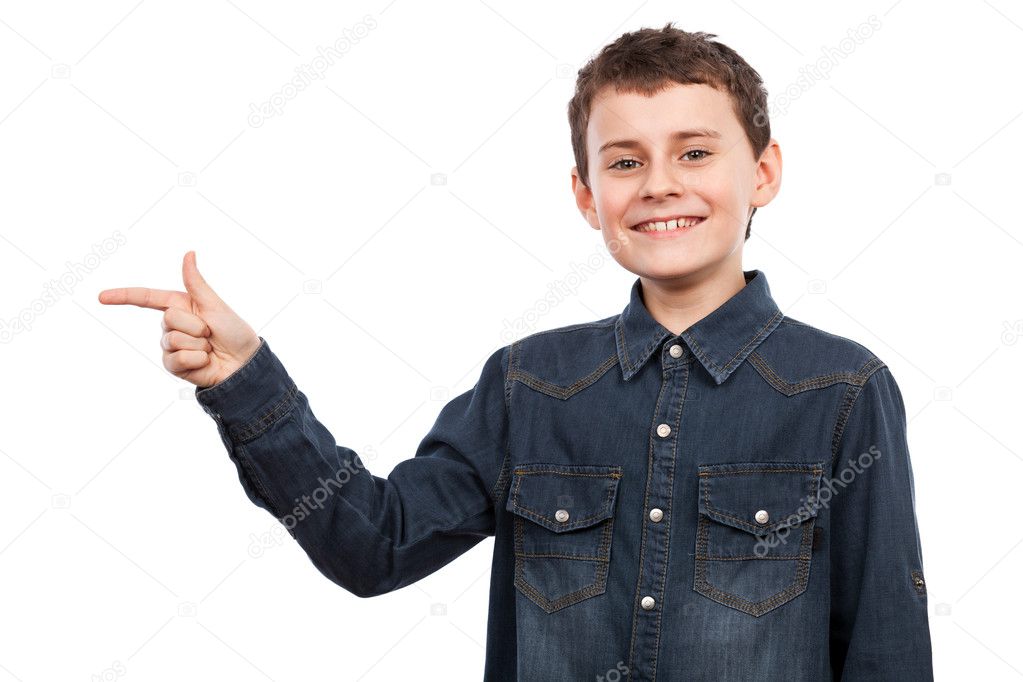 Boy pointing to the side of the image