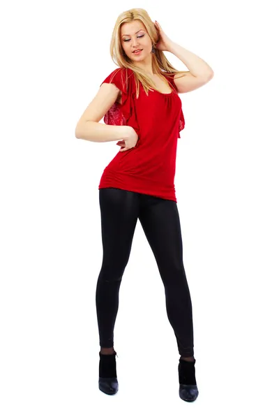 Woman in red and black on white — Stock Photo, Image