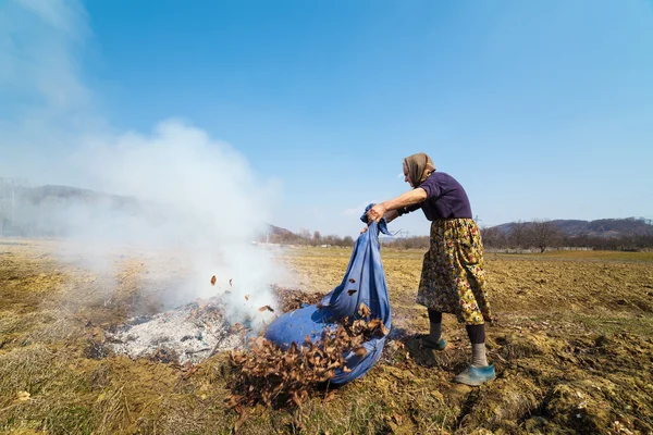 Mulher rural sênior queimando folhas caídas — Fotografia de Stock