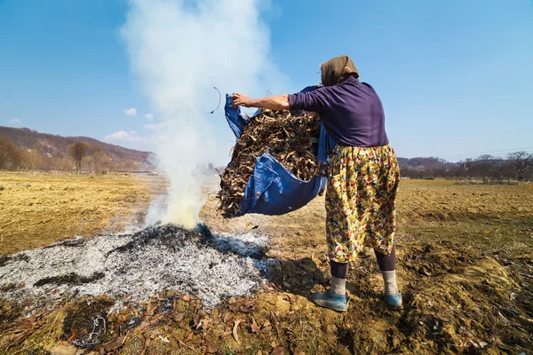 Senior landsbygdens kvinnan burning fallna lämnar — Stockfoto