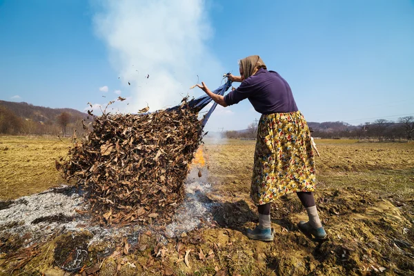 Idősebb vidéki nő égő lehullott levelek — Stock Fotó