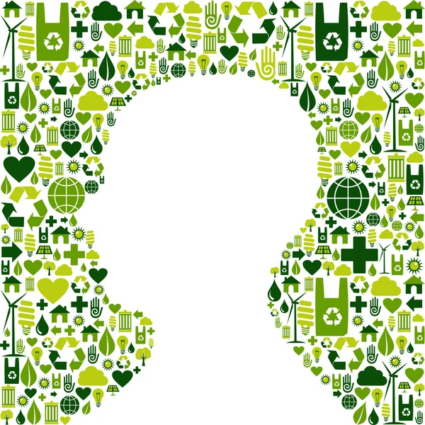 Tête humaine avec fond d'icônes vertes — Image vectorielle