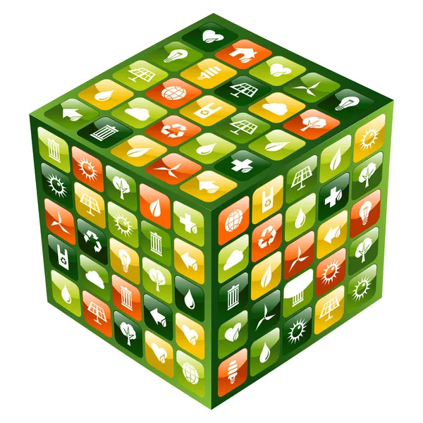Global mobile phone green apps icons cube — Stock Vector