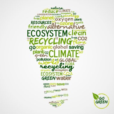 Go Green. Words cloud about environmental conservation in bulb clipart