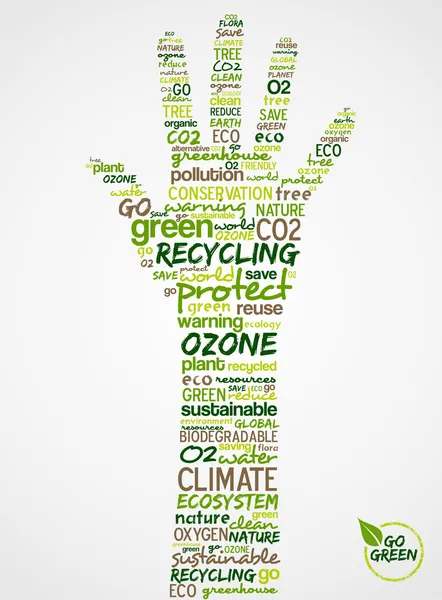 Go πράσινο. χέρι με τις λέξεις σύννεφο σχετικά με την προστασία του περιβάλλοντος — Διανυσματικό Αρχείο