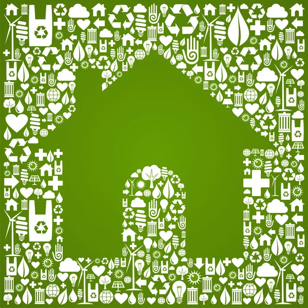 Maison verte sur fond d'icônes écologiques — Image vectorielle