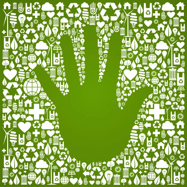 Hand with green icons background — Stock Vector