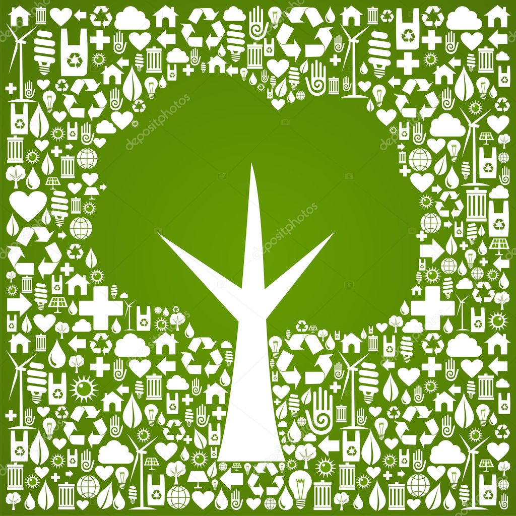 Green tree shape over eco icons background