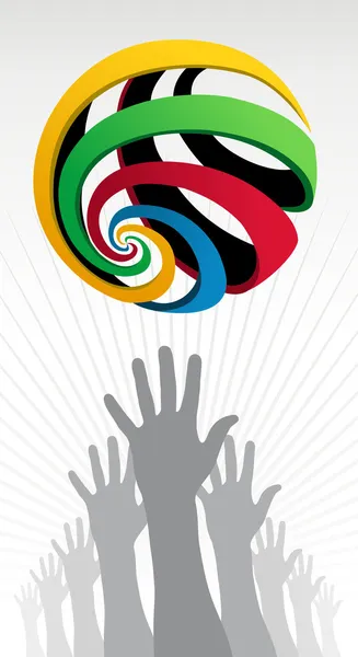 オリンピック地球アイコンの付いた上げられた手グループ — ストックベクタ