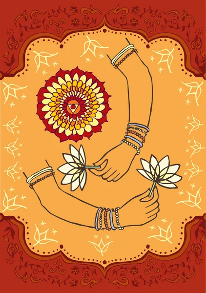 Indien kvinna händer och lotus bakgrund — Stock vektor