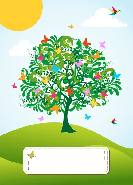 การ์ดอวยพรต้นไม้ฤดูใบไม้ผลิแบบอักษร — ภาพเวกเตอร์สต็อก