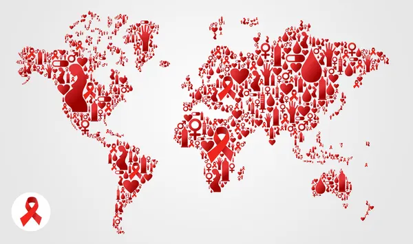 Globe Mapa del mundo con iconos del sida — Vector de stock