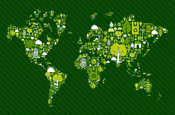 Globo Mapa do mundo com ícones verdes — Vetor de Stock