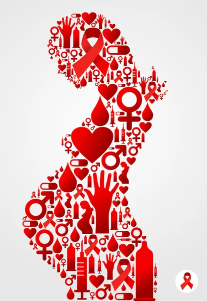 Pregnant woman silhouette with AIDS icons — Stock Vector