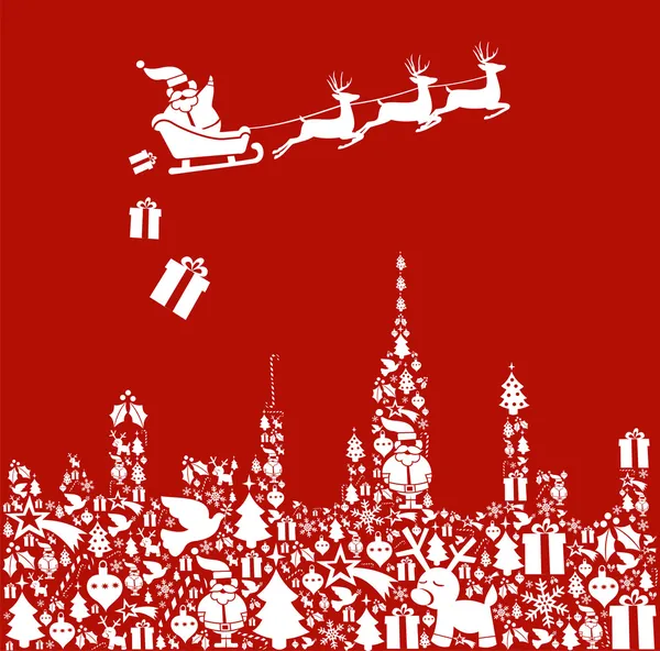 Kerstmis pictogrammenset in stad vorm met santa — Stockvector