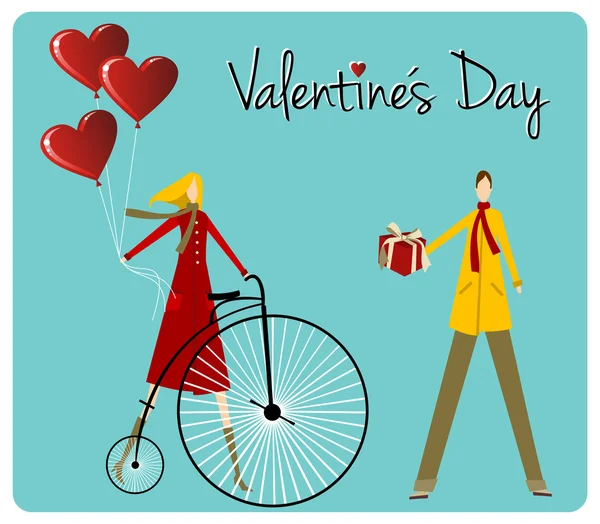 Couple with retro bike Valentines day greeting card — Stock Vector