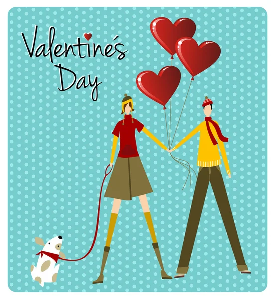 Couple and dog love Valentines day greeting card — Stock Vector