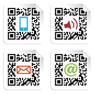 Social media icons set with QR code sign label. clipart