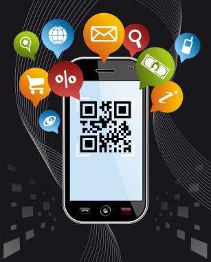 Go social via Smartphone: QR code application on black clipart