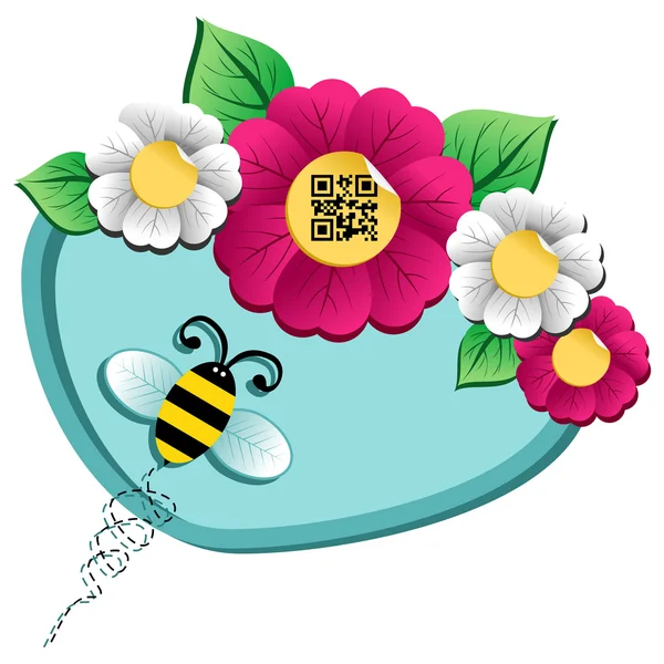 Primavera tempo fiore e ape con il codice qr — Vettoriale Stock