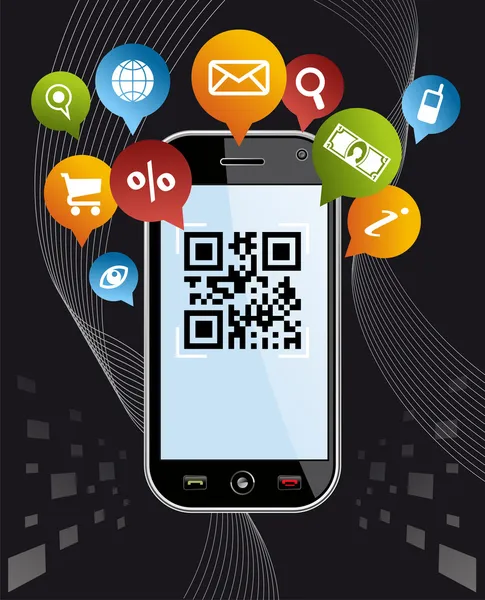 Go social via Smartphone: QR code application on black — Stock Vector