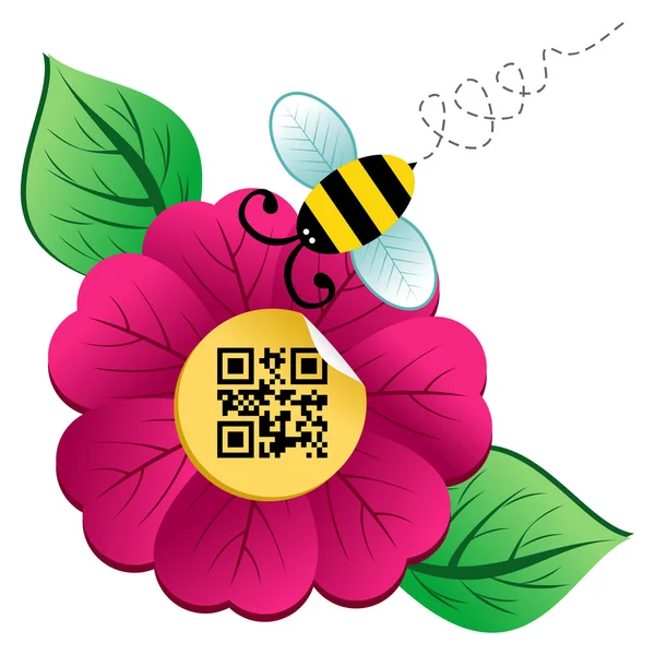 Frühlingsblume und Biene mit QR-Code — Stockvektor