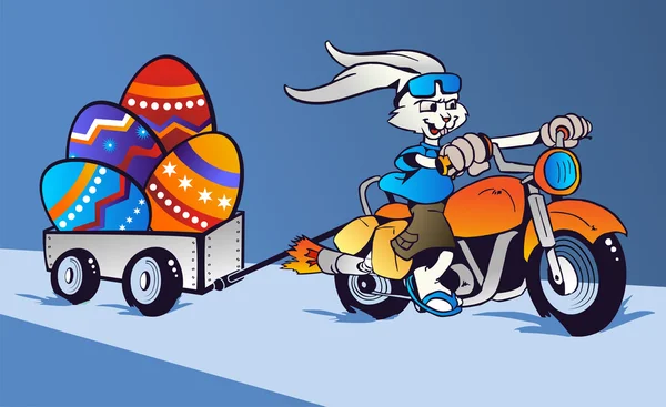 Loco conejo de Pascua de dibujos animados en moto — Vector de stock
