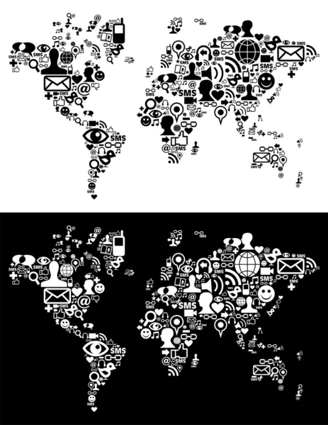 Иконки социальных сетей на карте мира — стоковый вектор