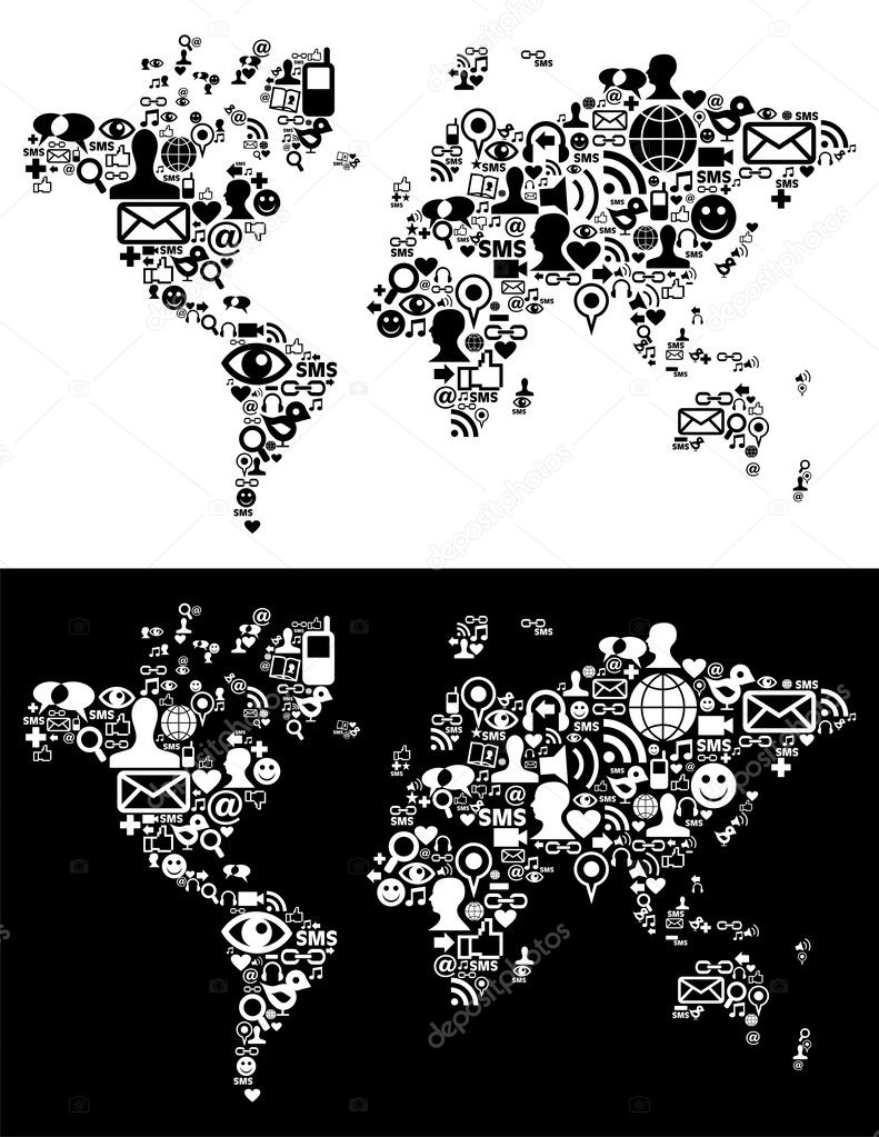 mediální mapa sociální mediální sítě ikony na obrázku mapa světa — Stock Vektor  mediální mapa