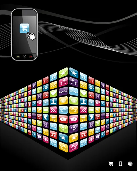 Globalny telefonu komórkowego aplikacji ikony ściany — Wektor stockowy