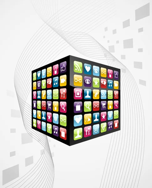 Wereldwijde mobiele telefoon apps pictogrammen kubus — Stockvector