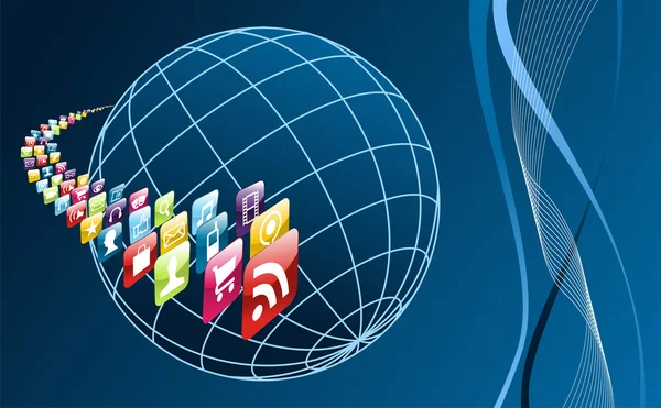 Wereldwijde mobiele telefoon apps pictogrammen rond de wereld — Stockvector