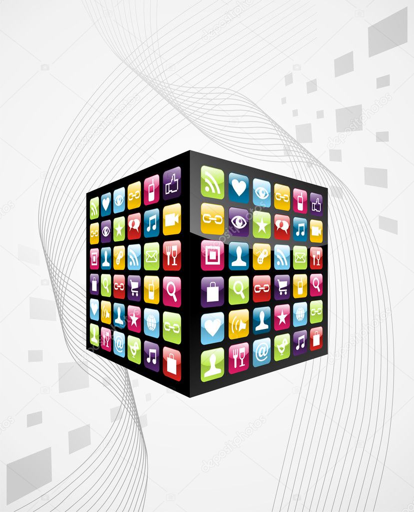 Global mobile phone apps icons cube