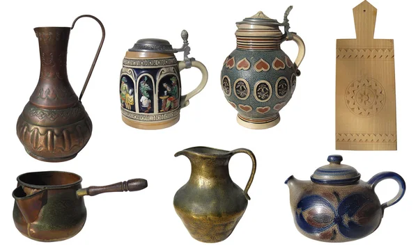 Set de 7 antiguos objetos de cocina aislados sobre fondo blanco wi —  Fotos de Stock