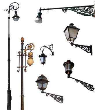 Set of retro street lamps, isolated on white with clipping paths clipart