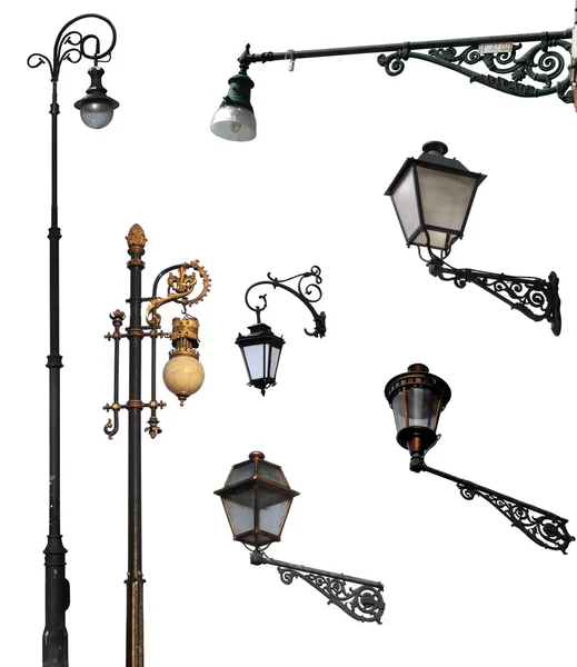 Conjunto de lâmpadas de rua retro, isolado em branco com caminhos de recorte — Fotografia de Stock