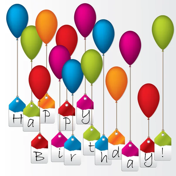 Feliz cumpleaños etiquetas colgando de globos de color — Vector de stock