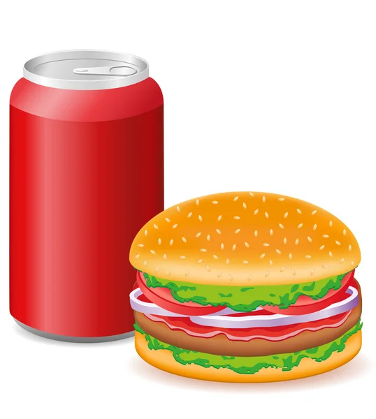 Hamburger and aluminum cans with soda — Stock Vector