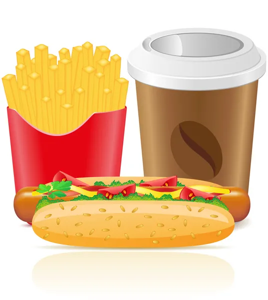 Hotdog τηγανητά πατάτας και χαρτί Κύπελλο με τον καφέ — Διανυσματικό Αρχείο