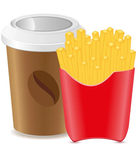 Copo de papel com café e batatas fritas — Vetor de Stock