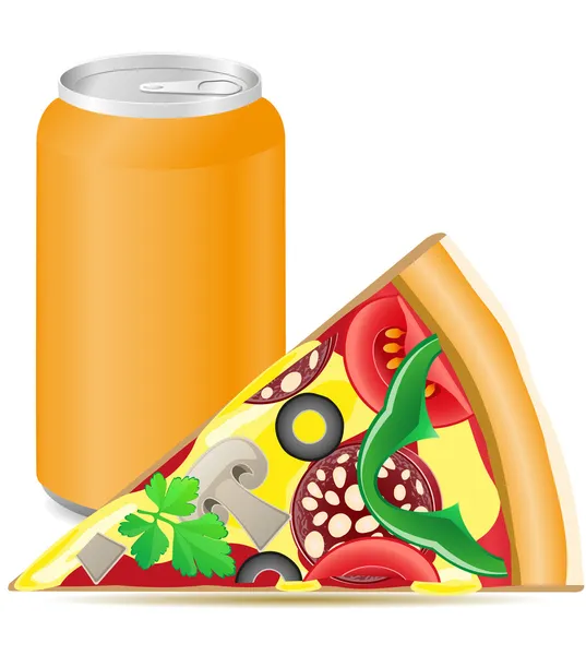 Pizza and aluminum cans with soda — Stock Vector