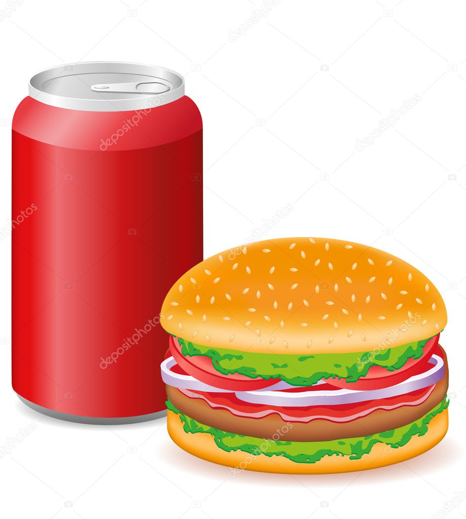 Hamburger and aluminum cans with soda